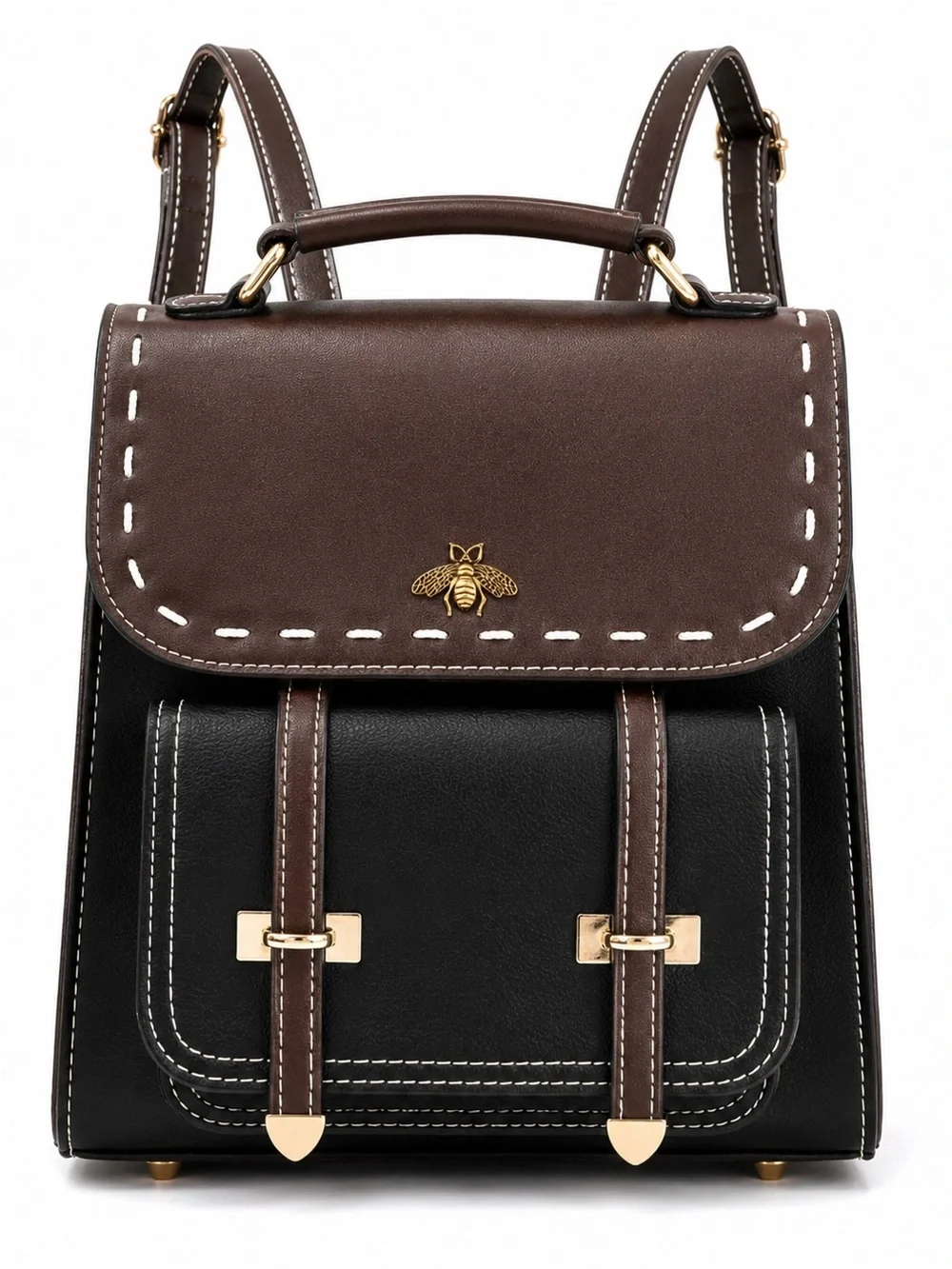 Black Brown Bee Convertible Backpack Purse Satchel Gold Tone